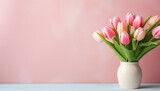 Fototapeta Tulipany - A vase of tulips sits on a table