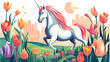 Unicorn in the colorful Tulip garden flat vector isolated