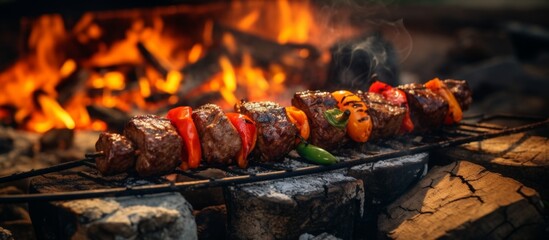 Wall Mural - Shish kebabs being grilled over an open flame on an outdoor grill. This traditional dish is a popular recipe in Middle Eastern cuisine