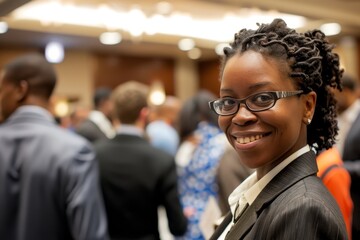 Wall Mural - A woman wearing glasses stands among a crowd of people in a bustling room during a business conference