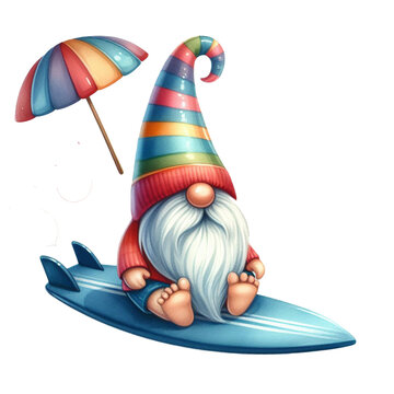 Watercolor cute gnome surfboard spring summer clipart at beach on transparency background