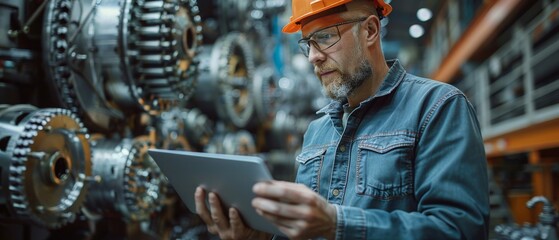 Poster - The chief engineer is holding a laptop with a 3D component model displayed on the screen. Modern factory equipment is in the background.