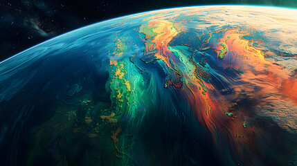 Wall Mural - half of the planet earth view from space micro-organisms activity changes the color of the ocean's surface from blue to green and orange and red,