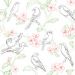 seamless background. Vector pattern with silhouettes of birds and apple tree flowers on white. Spring.