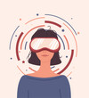 Girl looking through virtual reality goggles. Modern woman in futuristic glasses. Colored flat cartoon, person working with VR headset. Vector illustration