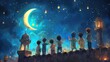 A group of children eagerly awaiting the sighting of the crescent moon, signaling the beginning of Ramadan.