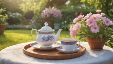 A Single Tea Set With Delicate Blue Flowers Is Prepared On A Circular Wooden Tray, Amidst A Home Garden Bathed In Sunlight. A Potted Pink Petunia Adds A Splash Of Color To This Tranquil Setting. AI