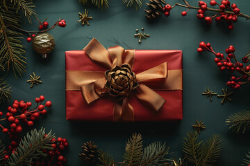 Wall Mural - The red gift package is against a forest green background