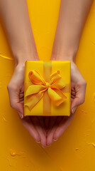 Sticker - hands holding yellowe perfect present box, product photography, plain yellow color background, yellow and orange color palette