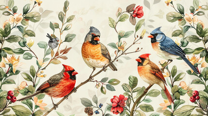 Wall Mural - An elegant pattern featuring a variety of birds, including robins, blue jays, and cardinals