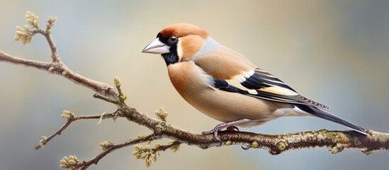 Canvas Print - A small songbird with colorful feathers perched on a twig, beak pointed up as it sings a sweet melody. The terrestrial animal enjoys the event in its natural habitat by the water