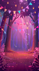 Wall Mural - Cartoon forest background at dusk, pink light, birthday party scene, flags and decorations, children illustration