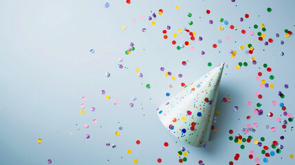 Poster - A party hat with confetti, minimalism. left copy space