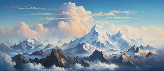 Poster - An art piece depicting a snowy mountain range with clouds hovering in the sky, creating a serene natural landscape with cumulus formations