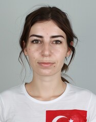 Canvas Print - ID Photo: Turkish Woman in Turkish Flag-inspired T-shirt for Passport 02