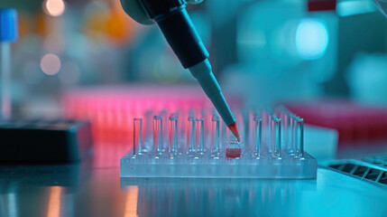 Poster - A person is drawing a line on a petri dish with a red marker. The dish is filled with clear tubes and the person is using a pipette to draw the red liquid into the tubes