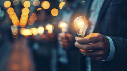 Inspirational thoughts Human hand holds a light bulb for lighting. Ideas for creativity and inspiration for sustainable business development and success generated by ai