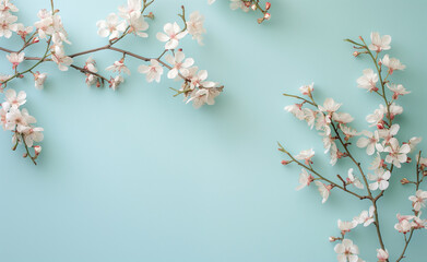 Wall Mural - Spring Blooms: White and Pink Flowers on Light Blue Background - Wedding, Mother's, or Woman's Day Greeting Card