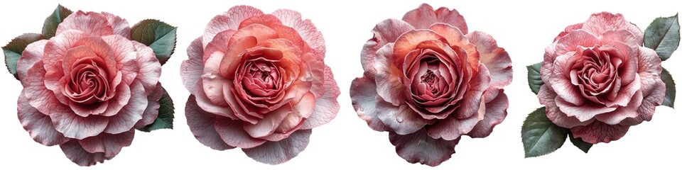 Wall Mural - Set of beautiful pink rose flowers isolated on transparent background