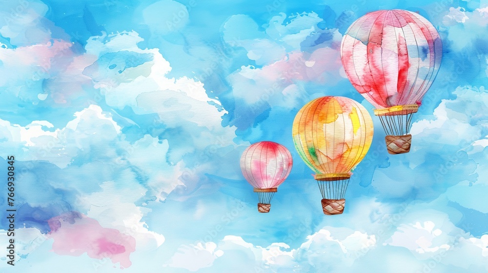 Dreamy watercolor hot air balloons floating in a sky with fluffy clouds ...