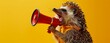 Attention-grabbing concept. An animated hedgehog in a scarf loudly speaking into a red megaphone on a vivid yellow background.