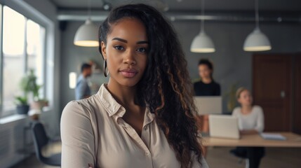 Wall Mural - Portrait of young African American female campus student looking camera sitting in library or private classroom doing homework with friends using modern technology laptop computer or co-working space