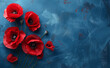 Red poppy flowers on blue background.