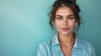 Wall Mural - Portrait of a young woman with natural makeup, freckles, and a gentle smile, wearing a light blue shirt against a teal background.