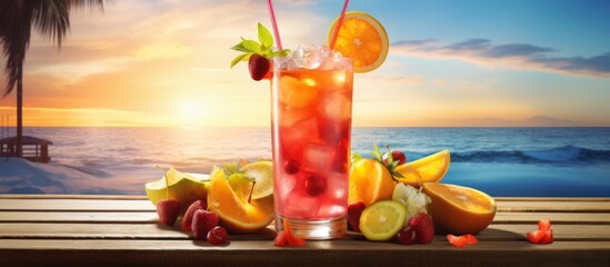 Canvas Print - A detailed shot of a refreshing cocktail on a table with a picturesque beach in the background, showcasing the art of mixology and the beauty of a natural landscape