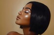 African American woman with straightened hair flaunting a sleek bob hairstyle post-keratin treatment at a spa. Concept Hair Salon, Straightened Hair, Bob Hairstyle, Keratin Treatment, Spa Treatment