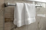 Fototapeta  - Mockup of white empty blank towel hanging in a well decorated bathroom with a big space for text or product, Generative AI.
