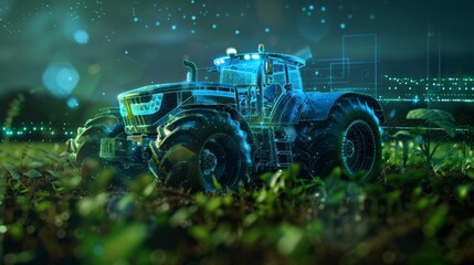 A stunning 3D visualization of Al-driven agriculture, featuring a tractor with holographic interfaces and neon lighting, illustrating cutting-edge farming technology