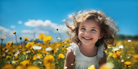 Wall Mural - A happy beautiful little girl in a white sundress smiles against the background of the blue sky and yellow, white flowers. Peace and happy childhood concept