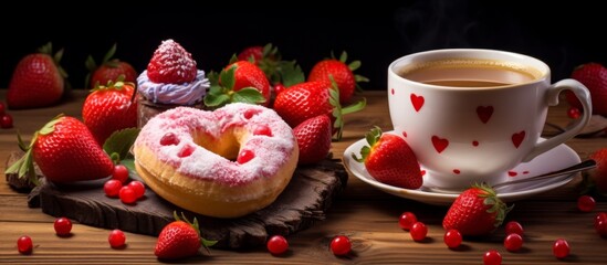 Wall Mural - A spread of coffee, donuts, and strawberries displayed on a wooden table. The food, tableware, and serveware create an inviting setting for a delicious snack or breakfast