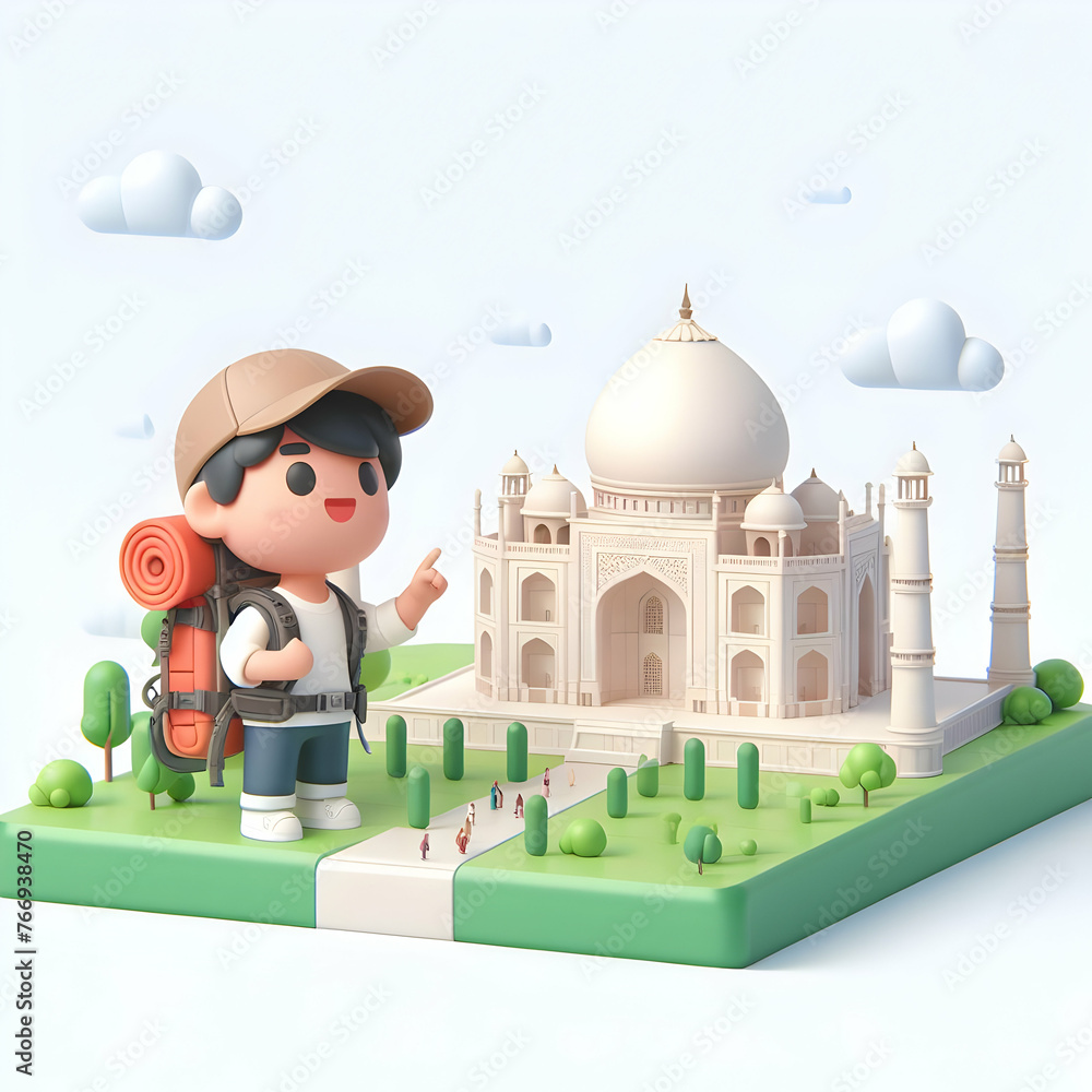 3D flat cute chibi icon for Backpacker marveling at the Taj Mahal in ...