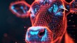 A close-up 3D animation capturing the serene essence of a cow's face in a grid style. This polygonal representation is set against a tranquil blue background, with lines and nodes that subtly glow