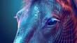 A 3D animation of a horse's face rendered in a dynamic grid style. The polygonal lines form the noble contours of the animal, highlighted by a gradient of warm colors against a dark background