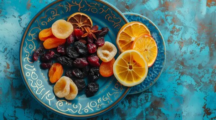 Wall Mural - A captivating shot of a decorative plate with colorful dried fruits, representing the diversity of flavors during Ramadan.