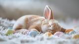 Fototapeta Do akwarium - A peaceful brown bunny sleeping on a plush white blanket, surrounded by soft-hued Easter eggs.