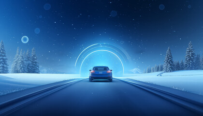 Wall Mural - A car is driving down a snowy road