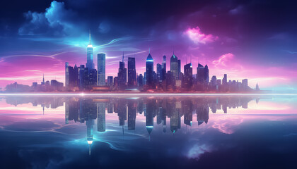 Wall Mural - A city skyline is reflected in a body of water