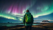Photo real for Traveler gazing at the Northern Lights in Iceland in Backpack traveling theme ,Full depth of field, clean bright tone, high quality ,include copy space, No noise, creative idea