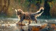 A playful kitten dashes through water, its fur catching the golden light, as autumn leaves and sparkling droplets create a lively scene.