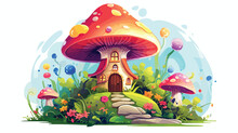 Mushroom House On The Cloud With Rainbow Flat Vector