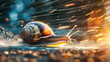 A snail winning a speed race against faster animals, dynamic angle, high contrast, cinematic lighting