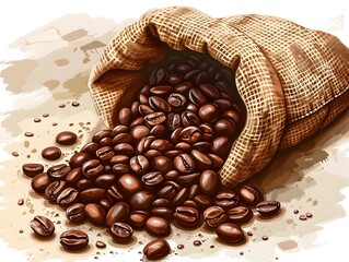 Canvas Print - Spilled Burlap Sack Overflowing with Rich and Aromatic Coffee Beans