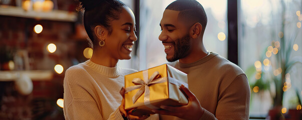 Wall Mural - A man and woman are holding a gold wrapped gift. They are smiling and seem happy. Scene is joyful and festive