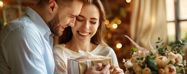 Wall Mural - A man and woman are smiling at each other while holding a gift. The man is wearing a blue shirt and the woman is wearing a white shirt. The gift is wrapped in brown paper and is placed on a table