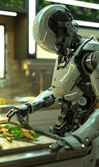 Wall Mural - A robot cutting vegetables in a kitchen with an open window. Generative AI.