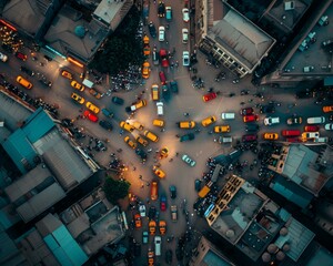 Wall Mural - An overhead view of a busy intersection with many cars and trucks. Generative AI.